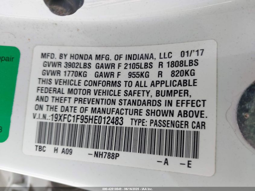 2017 Honda Civic Touring VIN: 19XFC1F95HEO12483 Lot: 42518549