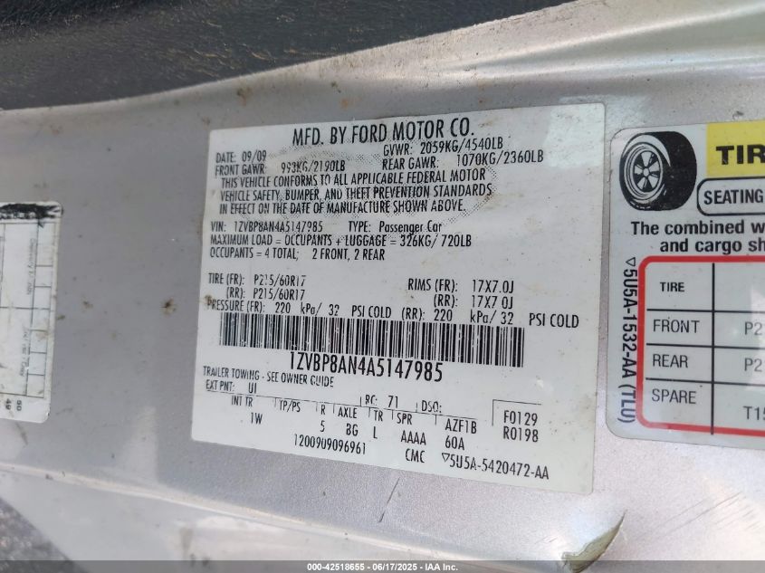 2010 Ford Mustang V6/V6 Premium VIN: 1ZVBP8AN4A5147985 Lot: 42518655