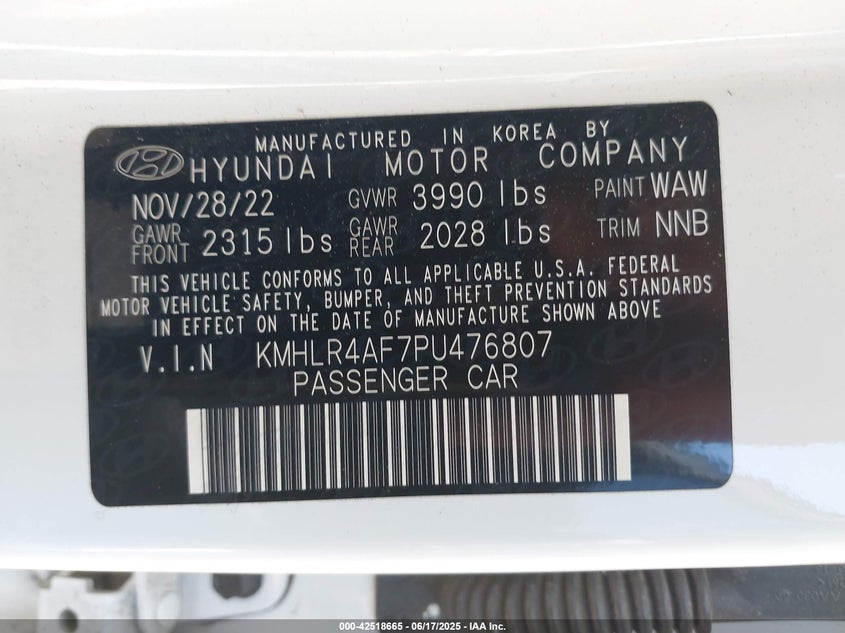 VIN KMHLR4AF7PU476807 2023 HYUNDAI ELANTRA N LINE