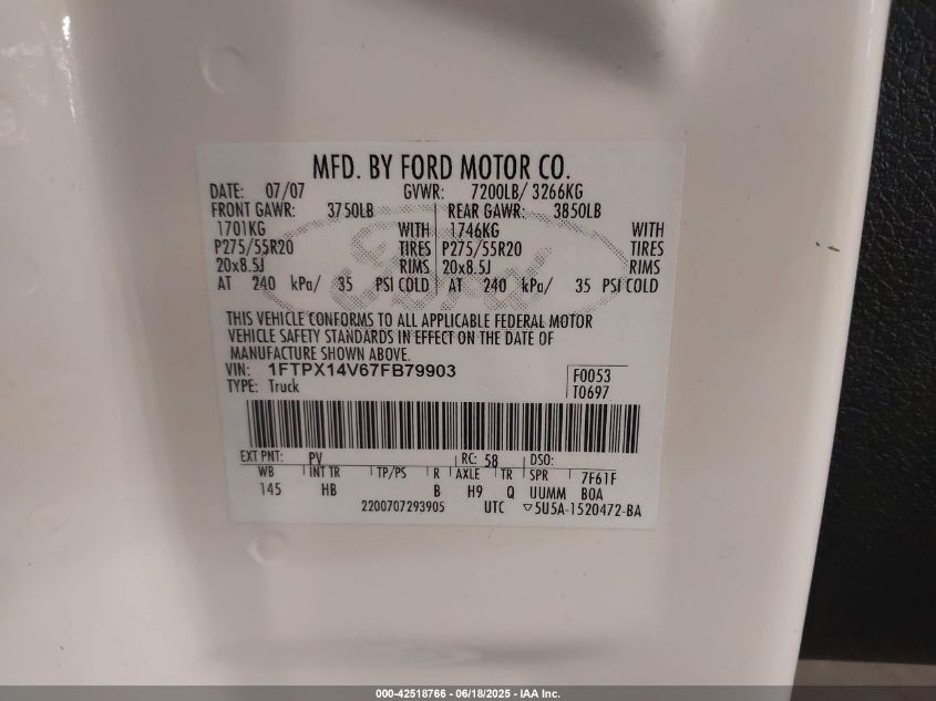 2007 Ford F150 Fx4/Lariat/Xl/Xlt VIN: 1FTPX14V67FB79903 Lot: 42518766
