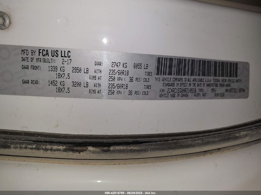 2017 Chrysler Pacifica Touring-L Plus VIN: 2C4RC1EGXHR710518 Lot: 42518769