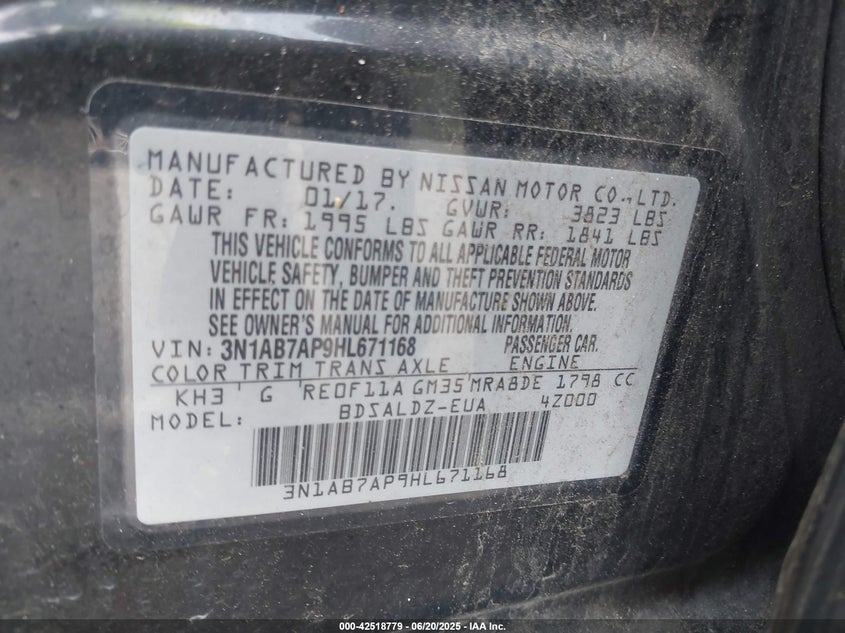VIN 3N1AB7AP9HL671168 2017 NISSAN SENTRA SV