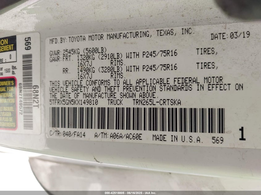 2019 TOYOTA TACOMA VIN: 5TFRX5GN5KX149810