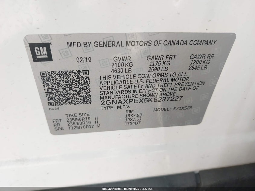 VIN 2GNAXPEX5K6237227 2019 CHEVROLET EQUINOX PREMIER