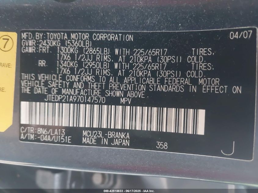 2007 Toyota Highlander Limited V6 VIN: JTEDP21A970147570 Lot: 42518833