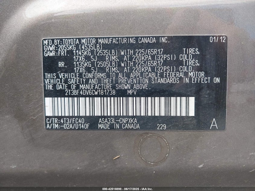 2012 TOYOTA RAV4 VIN: 2T3BF4DV6CW181738