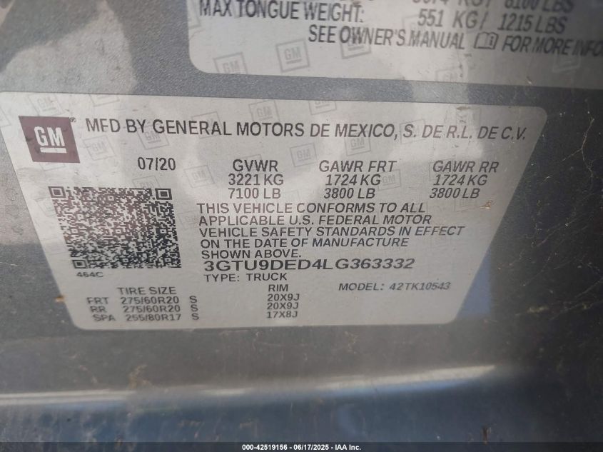2020 GMC Sierra 1500 - 3GTU9DED4LG363332