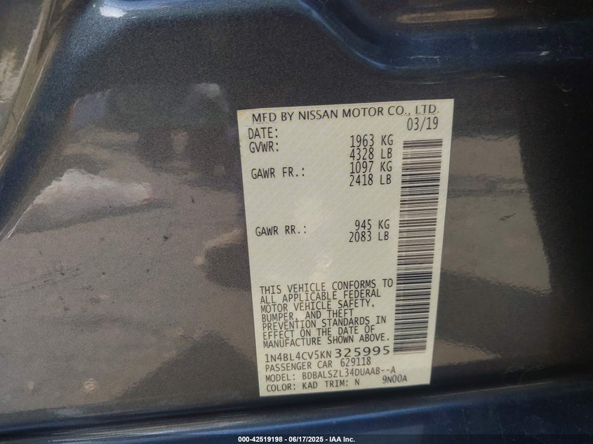 2019 NISSAN ALTIMA VIN: 1N4BL4CV5KN325995