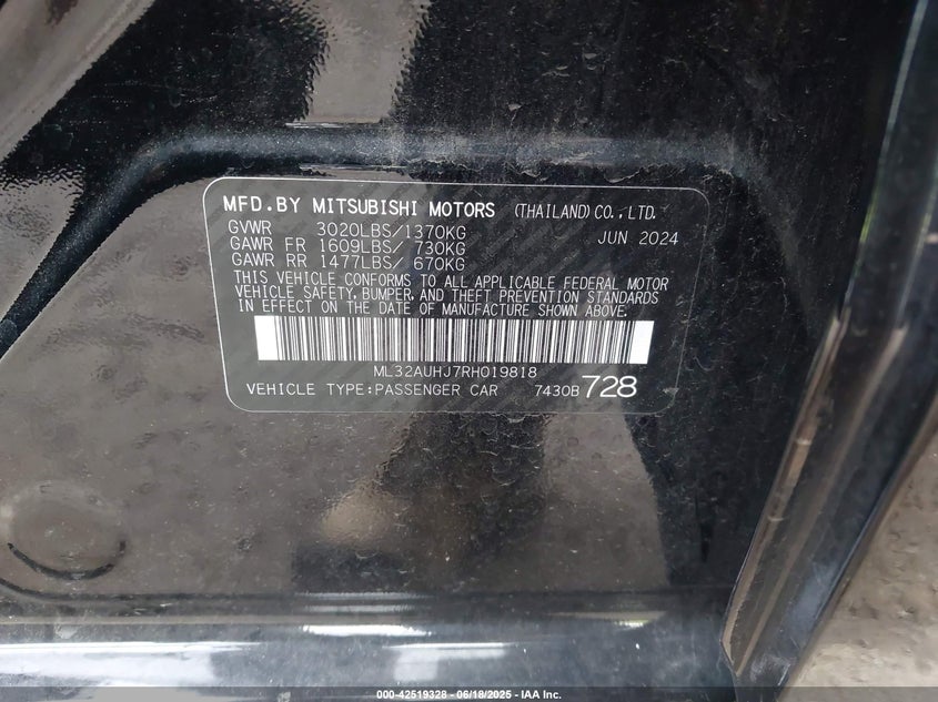 2024 MITSUBISHI MIRAGE 1.2L I-3 DOHC, VVT, (VIN: ML32AUHJ7RH019818