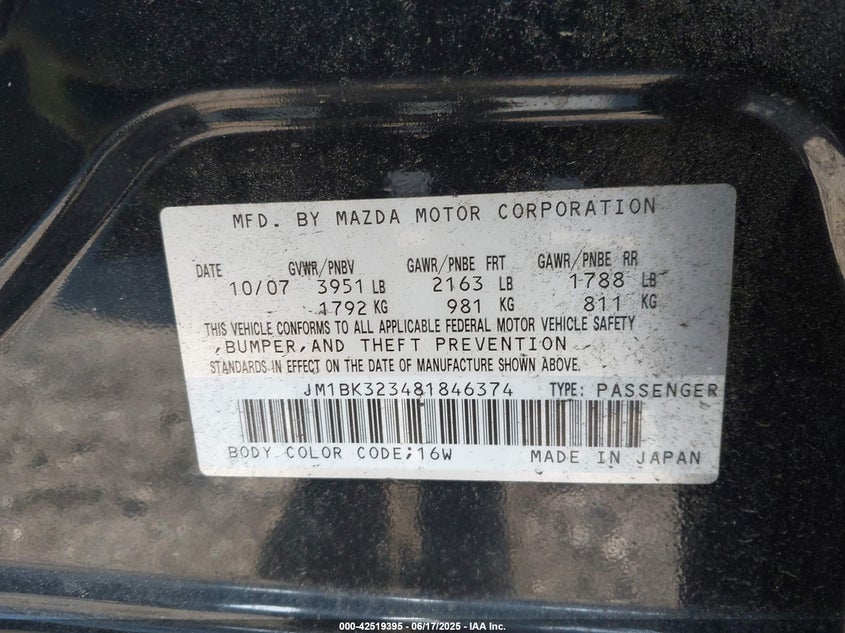 2008 MAZDA 3 VIN: JM1BK323481846374