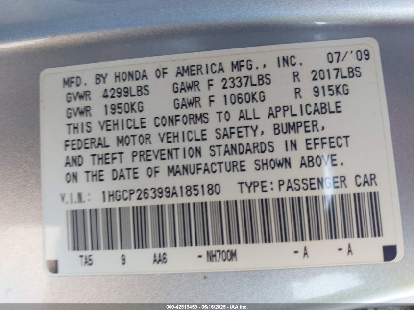 2009 Honda Accord 2.4 Lx VIN: 1HGCP26399A185180 Lot: 42519459