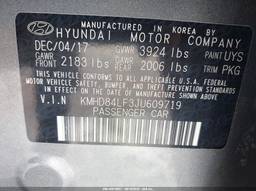 2018 HYUNDAI ELANTRA VIN: KMHD84LF3JU609719