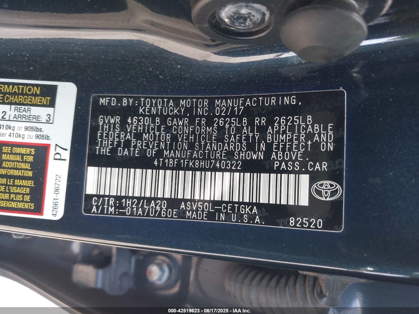 2017 TOYOTA CAMRY VIN: 4T1BF1FK8HU740322
