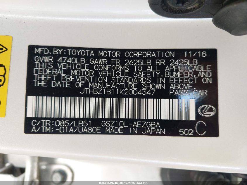 2019 Lexus ES 350 - JTHBZ1B11K2004347