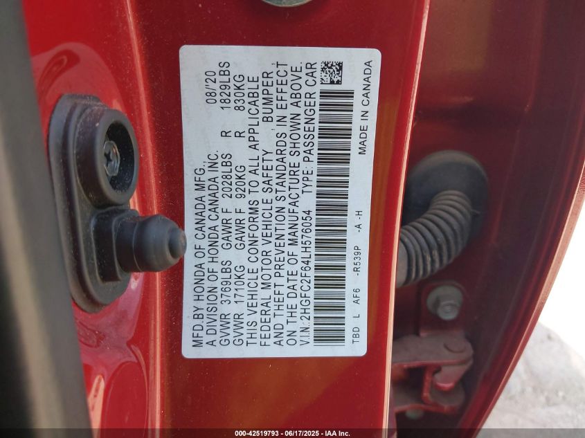 2020 Honda Civic Lx VIN: 2HGFC2F64LH576054 Lot: 42519793