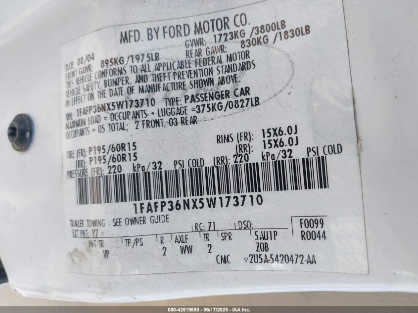 2005 Ford Focus Zxw VIN: 1FAFP36NX5W173710 Lot: 42519850
