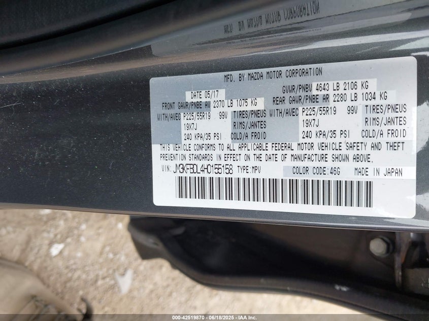VIN JM3KFBDL4H0155158 2017 MAZDA CX-5 GRAND TOURING