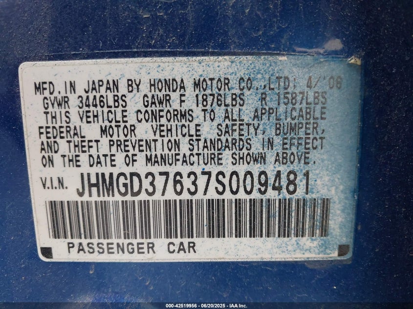 2007 Honda Fit Sport VIN: JHMGD37637S009481 Lot: 42519956