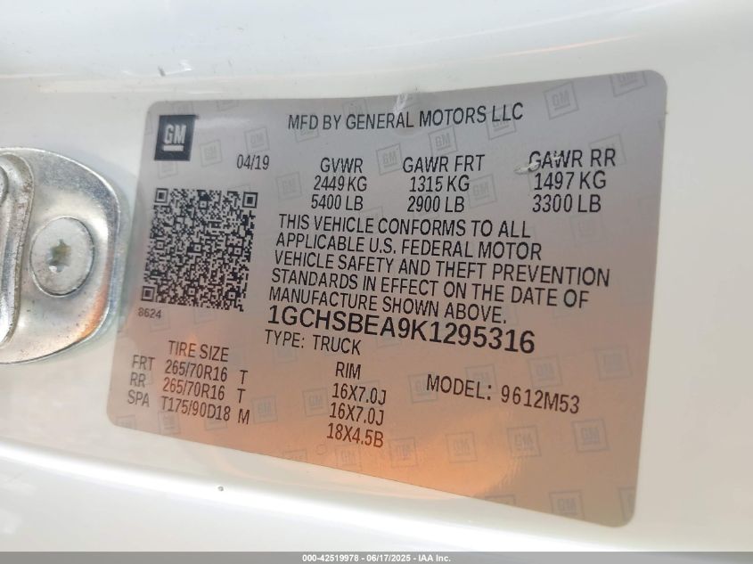 2019 Chevrolet Colorado Wt VIN: 1GCHSBEA9K129531 Lot: 42519978