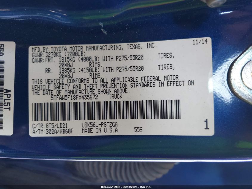 2015 Toyota Tundra 1794 5.7L V8 VIN: 5TFAW5F18FX435672 Lot: 42519988