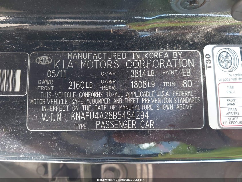 2011 KIA FORTE VIN: KNAFU4A28B5454294