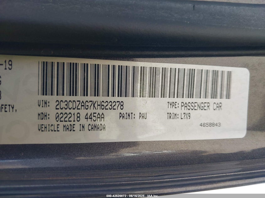VIN 2C3CDZAG7KH623278 2019 DODGE CHALLENGER SXT