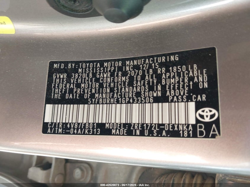 2016 TOYOTA COROLLA LE - 5YFBURHE1GP433506