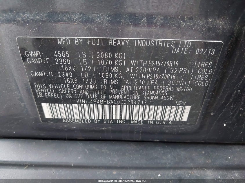 2013 SUBARU OUTBACK VIN: 4S4BRBAC0D3284717