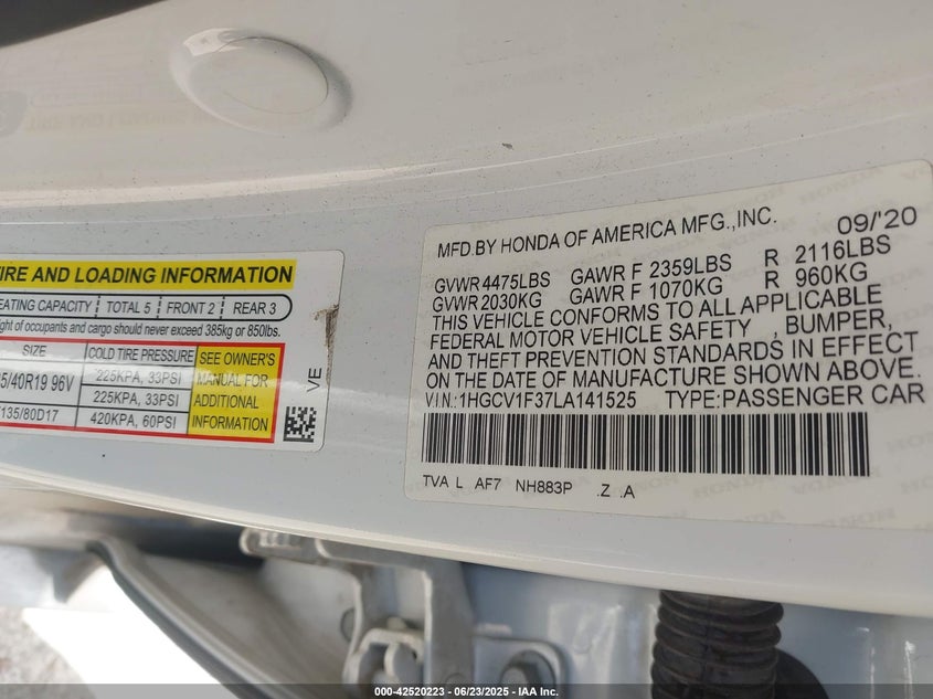 2020 HONDA ACCORD SPORT - 1HGCV1F37LA141525