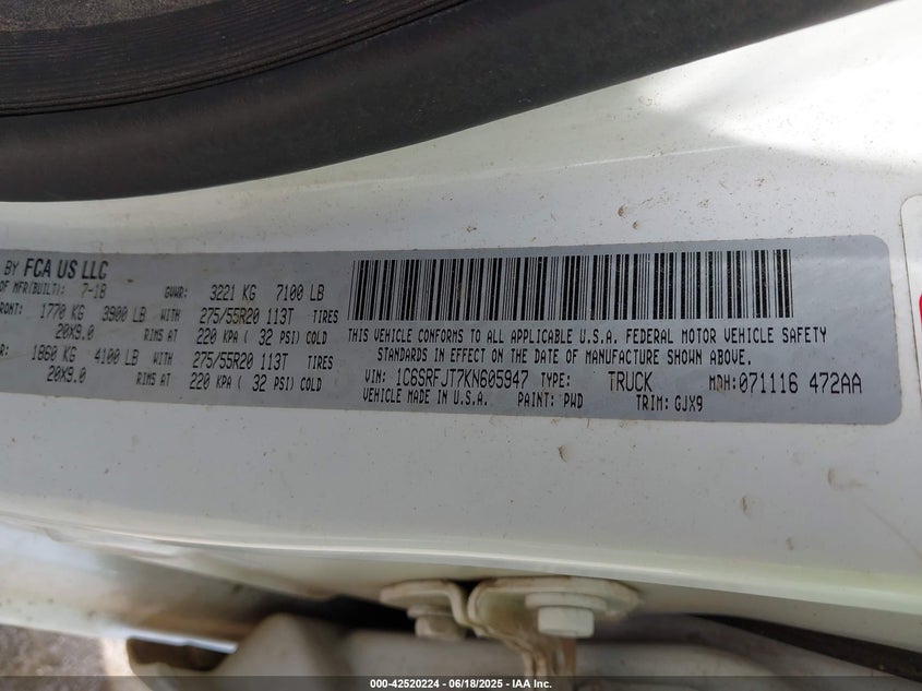 2019 RAM 1500 LARAMIE  4X4 5'7 BOX - 1C6SRFJT7KN605947