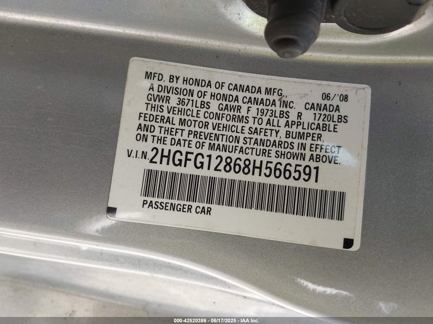 2008 HONDA CIVIC VIN: 2HGFG12868H566591