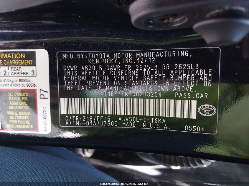 2012 TOYOTA CAMRY VIN: 4T1BF1FK1CU203204