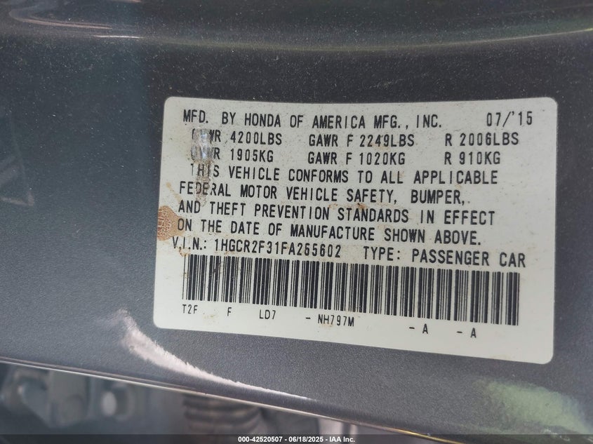 2015 HONDA ACCORD VIN: 1HGCR2F31FA255602