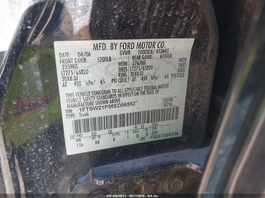 2006 FORD F250 VIN: 1FTSW21P56ED56552
