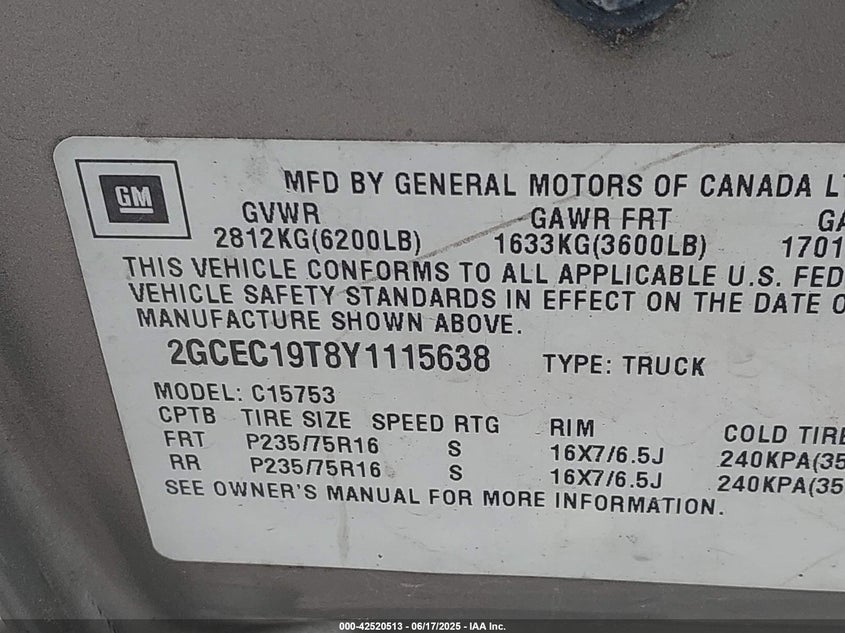 2000 Chevrolet Silverado 1500 Ls VIN: 2GCEC19T8Y1115638 Lot: 42520513