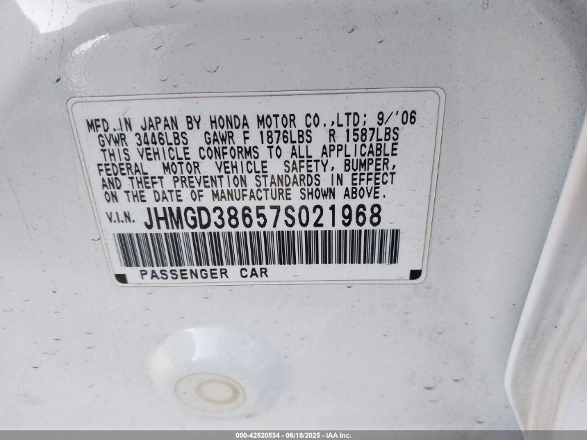 2007 Honda Fit Sport VIN: JHMGD38657S021968 Lot: 42520534