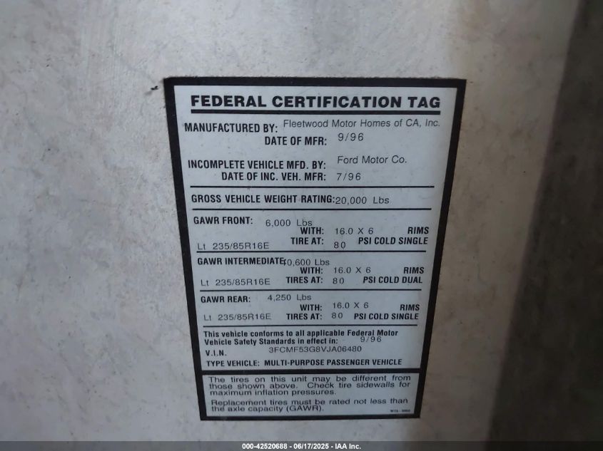 1997 Ford F530 Super Duty VIN: 3FCMF53G8VJA06480 Lot: 42520688