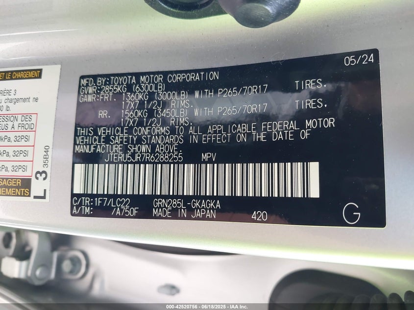 2024 TOYOTA 4RUNNER 4.0L V-6 DOHC, VVT, (VIN: JTERU5JR7R6288255