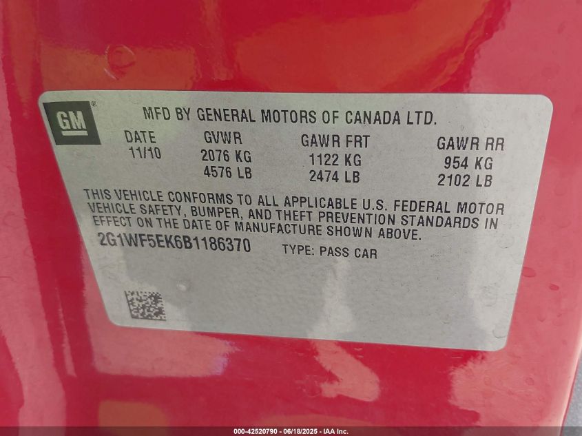 2011 Chevrolet Impala Ls VIN: 2G1WF5EK6B1186370 Lot: 42520790