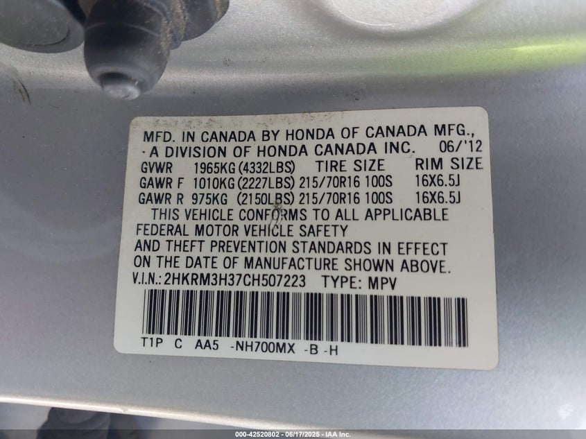 2012 HONDA CR-V VIN: 2HKRM3H37CH507223
