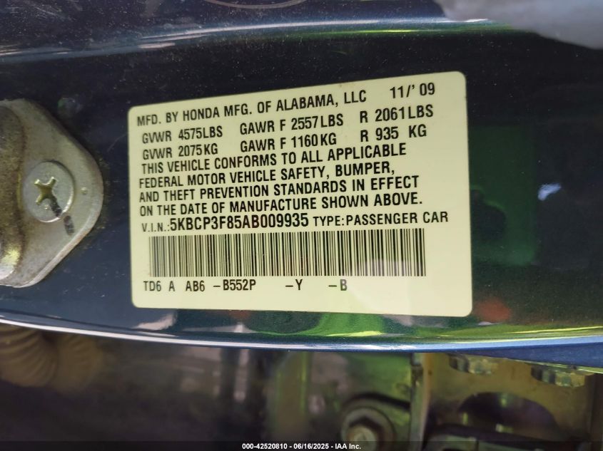 2010 Honda Accord 3.5 Ex-L VIN: 5KBCP3F85AB009935 Lot: 42520810