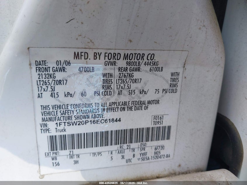 2006 Ford F-250 Lariat/Xl/Xlt VIN: 1FTSW20P16EC61844 Lot: 42520825