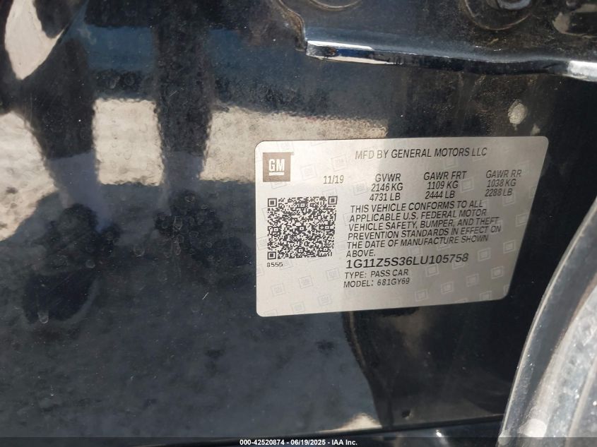 2020 Chevrolet Impala Fwd Lt VIN: 1G11Z5S36LU105758 Lot: 42520874