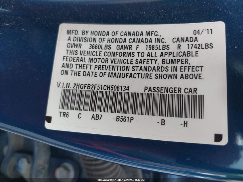 2012 HONDA CIVIC VIN: 2HGFB2F51CH506134