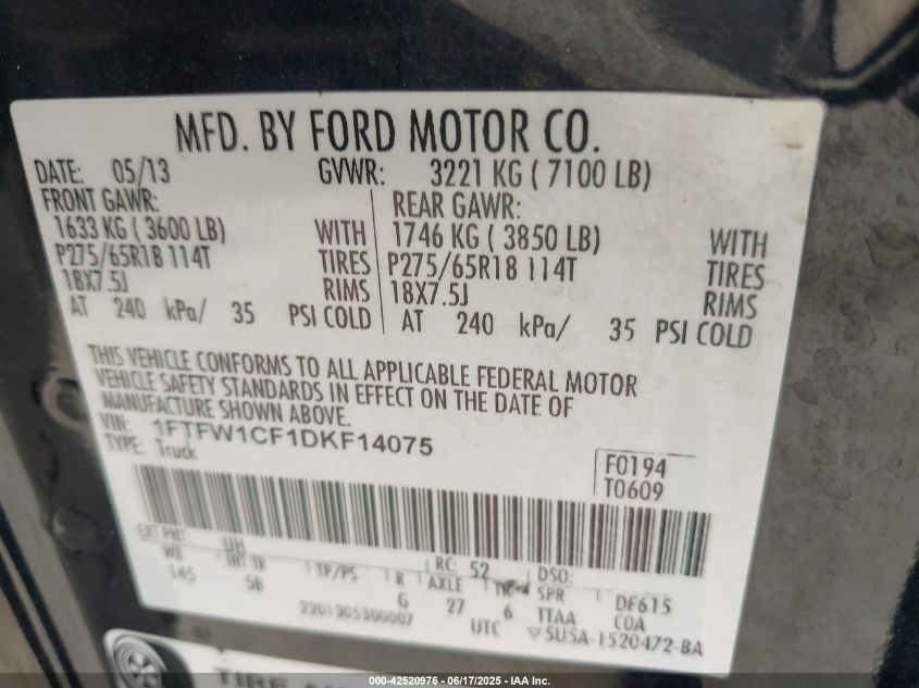 2013 Ford F-150 Fx2 VIN: 1FTFW1CF1DKF14075 Lot: 42520976