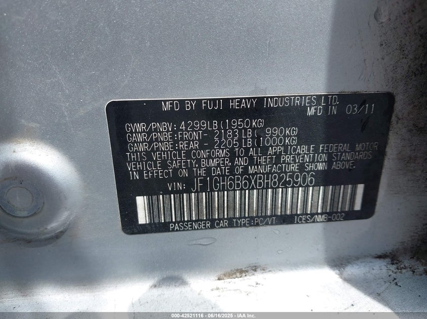 2011 Subaru Impreza 2.5I Premium VIN: JF1GH6B6XBH825906 Lot: 42521116
