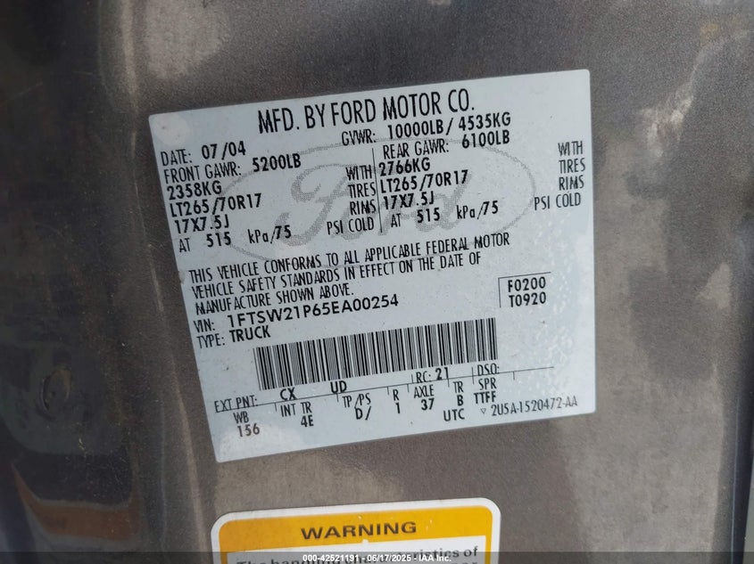 2005 Ford F-250 Lariat/Xl/Xlt VIN: 1FTSW21P65EA00254 Lot: 42521191