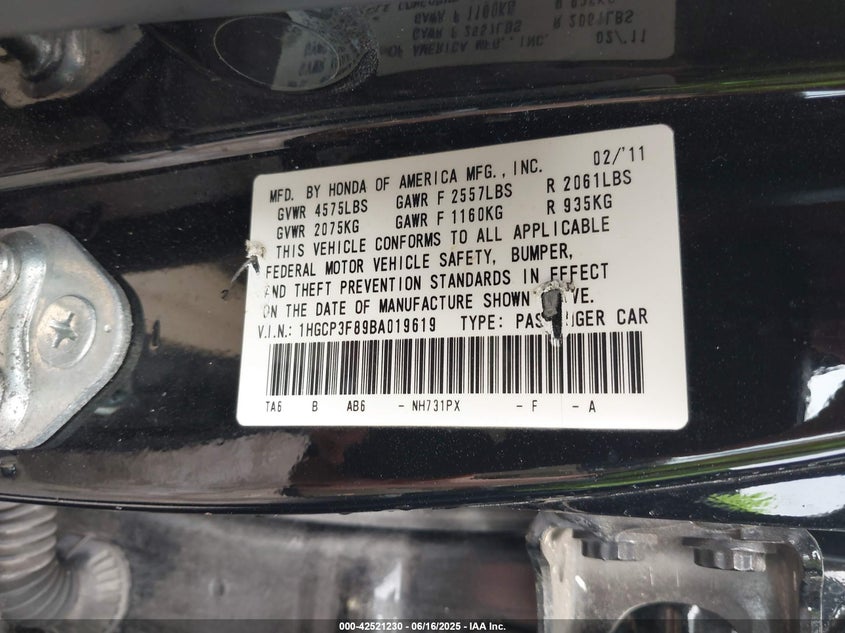 2011 HONDA ACCORD VIN: 1HGCP3F89BA019619