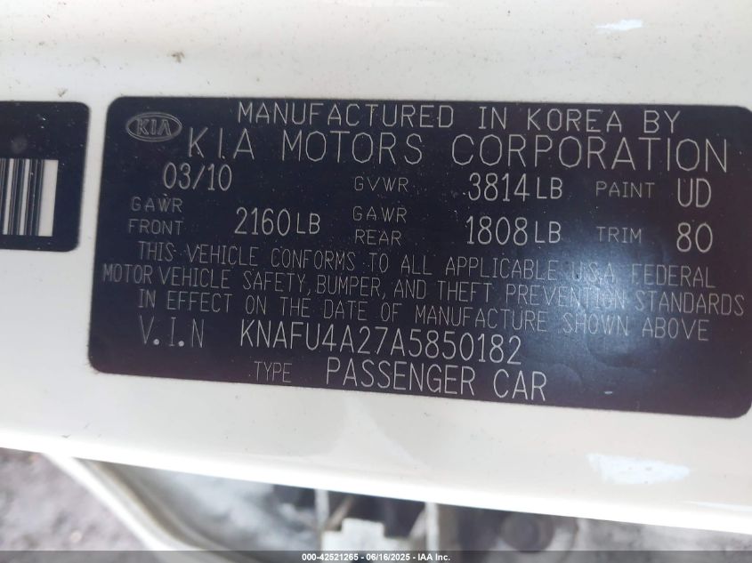 2010 Kia Forte Ex VIN: KNAFU4A27A5850182 Lot: 42521265