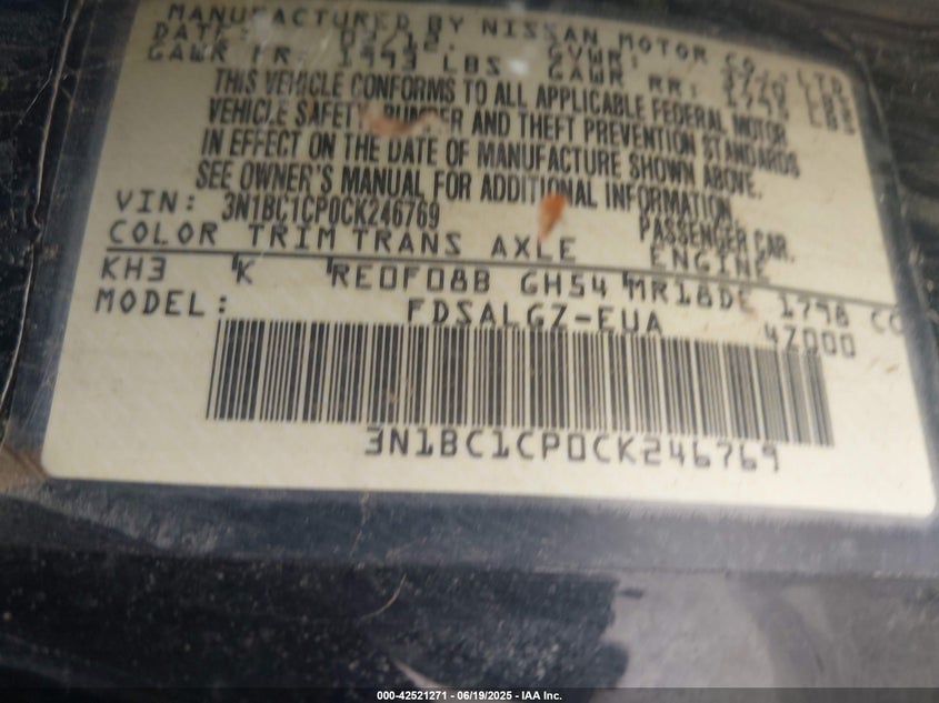 2012 Nissan Versa 1.8 Sl VIN: 3N1BC1CP0CK246769 Lot: 42521271